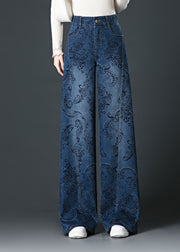 Fashion Blue Pockets Print High Waist Wide Leg Jeans Fall