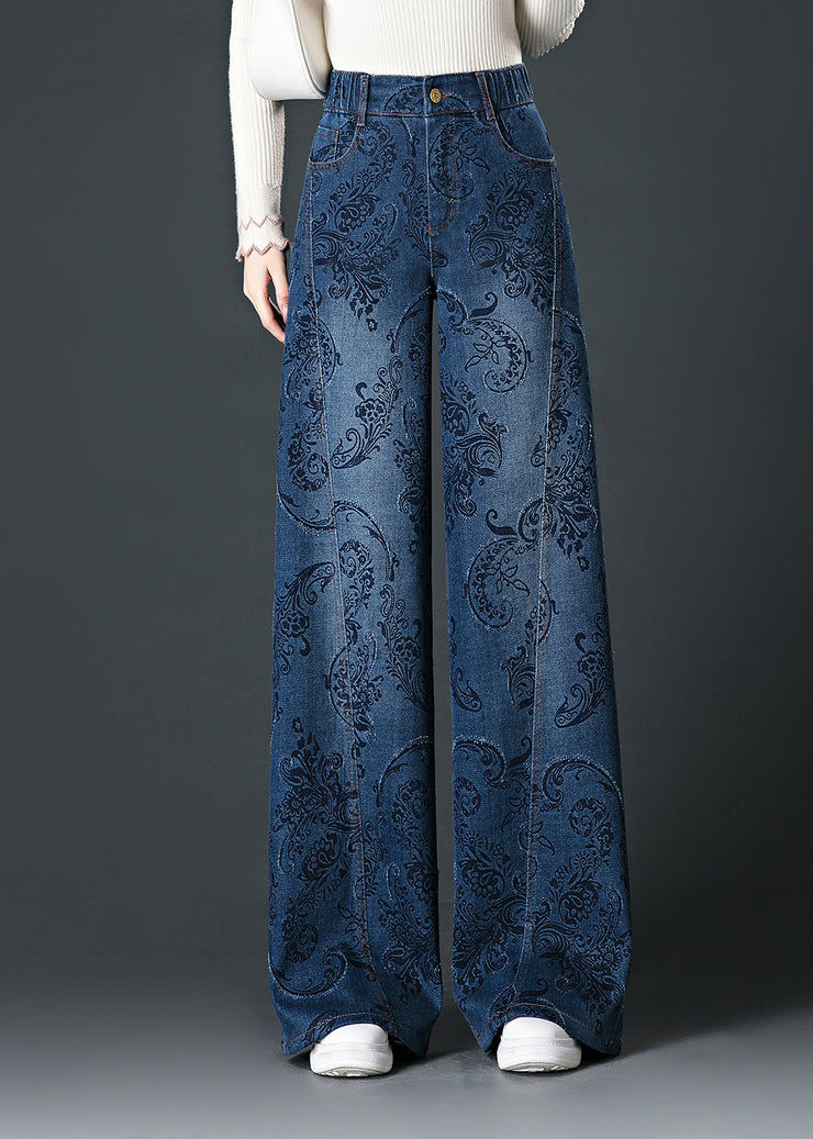 Fashion Blue Pockets Print High Waist Wide Leg Jeans Fall