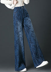 Fashion Blue Pockets Print High Waist Wide Leg Jeans Fall