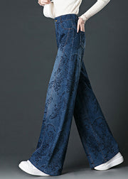 Fashion Blue Pockets Print High Waist Wide Leg Jeans Fall