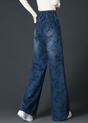 Fashion Blue Pockets Print High Waist Wide Leg Jeans Fall