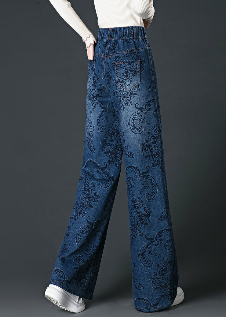 Fashion Blue Pockets Print High Waist Wide Leg Jeans Fall
