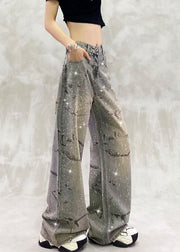 Fashion Blue Pockets Zircon High Waist Denim Pants Fall