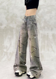 Fashion Blue Pockets Zircon High Waist Denim Pants Fall