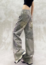 Fashion Blue Pockets Zircon High Waist Denim Pants Fall