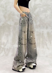 Fashion Blue Pockets Zircon High Waist Denim Pants Fall