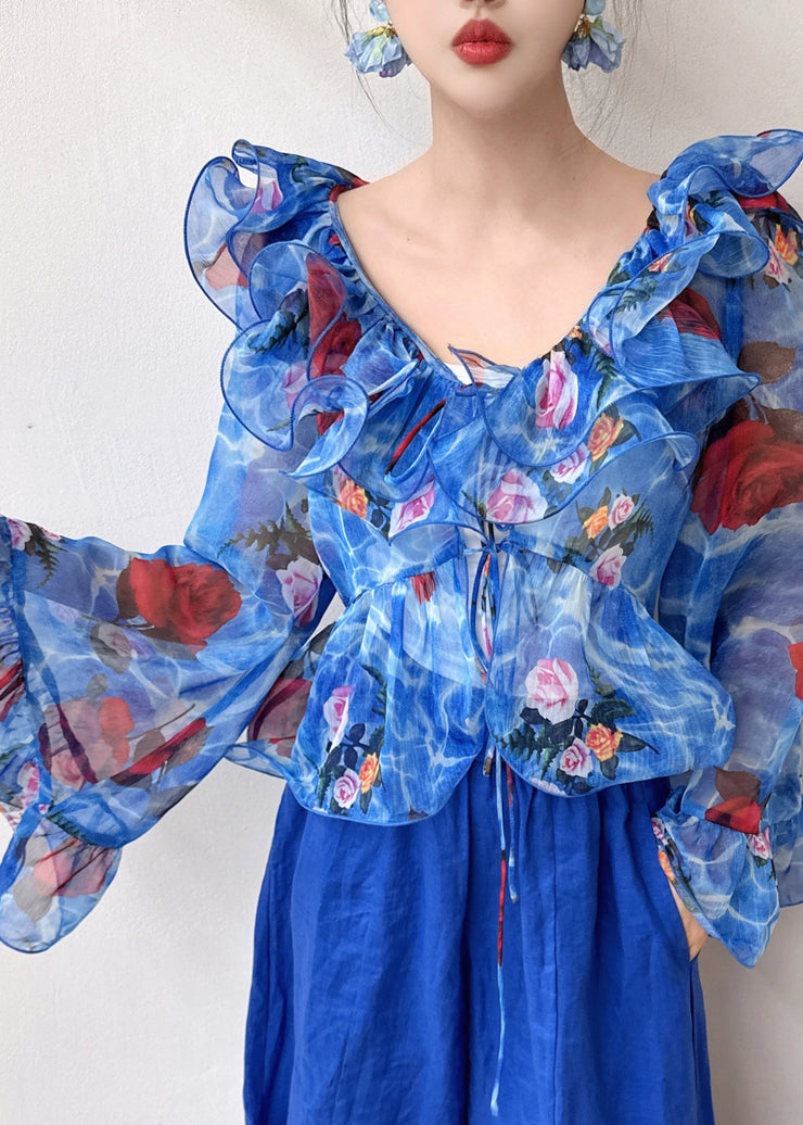 Fashion Blue Ruffled Patchwork Print Chiffon Shirt Flare Sleeve