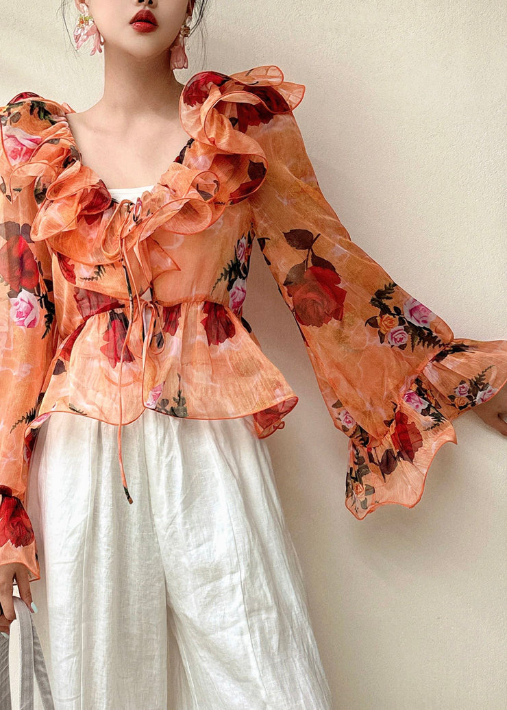Fashion Blue Ruffled Patchwork Print Chiffon Shirt Flare Sleeve