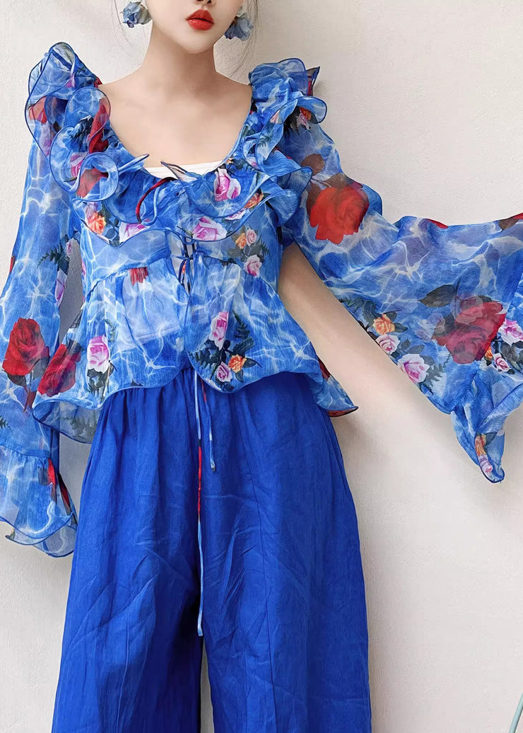 Fashion Blue Ruffled Patchwork Print Chiffon Shirt Flare Sleeve