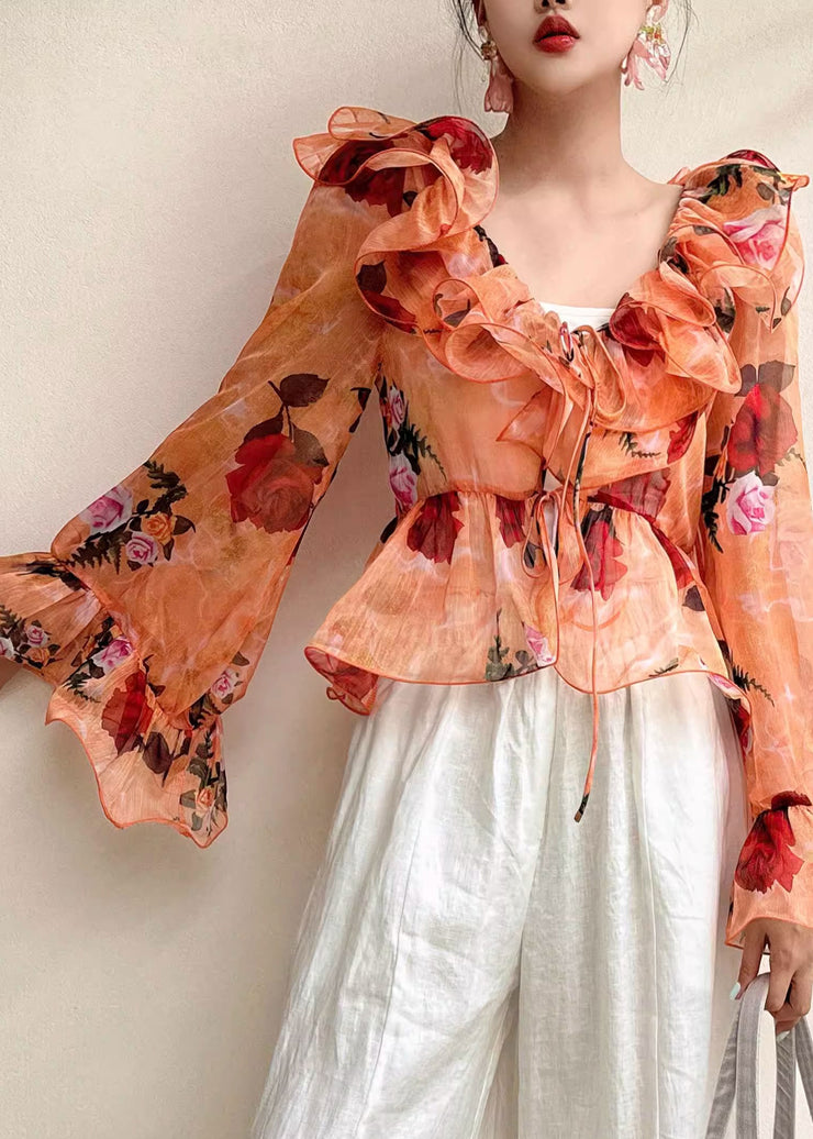 Fashion Blue Ruffled Patchwork Print Chiffon Shirt Flare Sleeve
