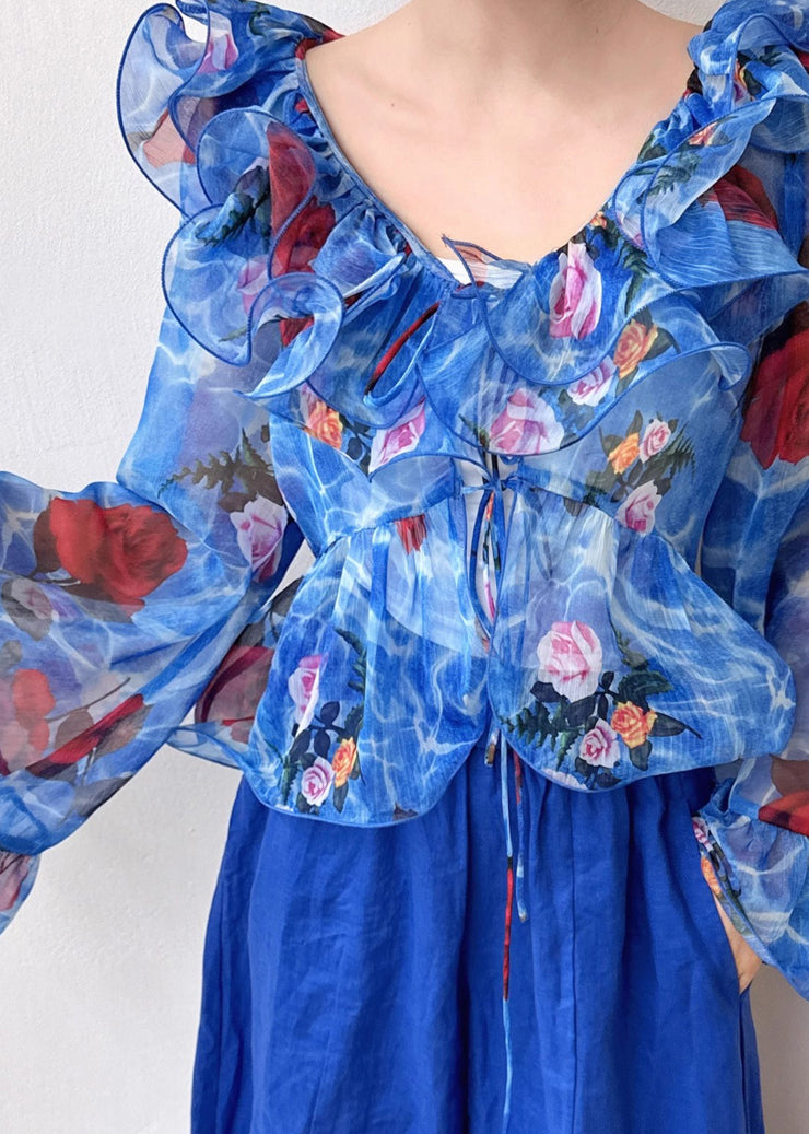 Fashion Blue Ruffled Patchwork Print Chiffon Shirt Flare Sleeve
