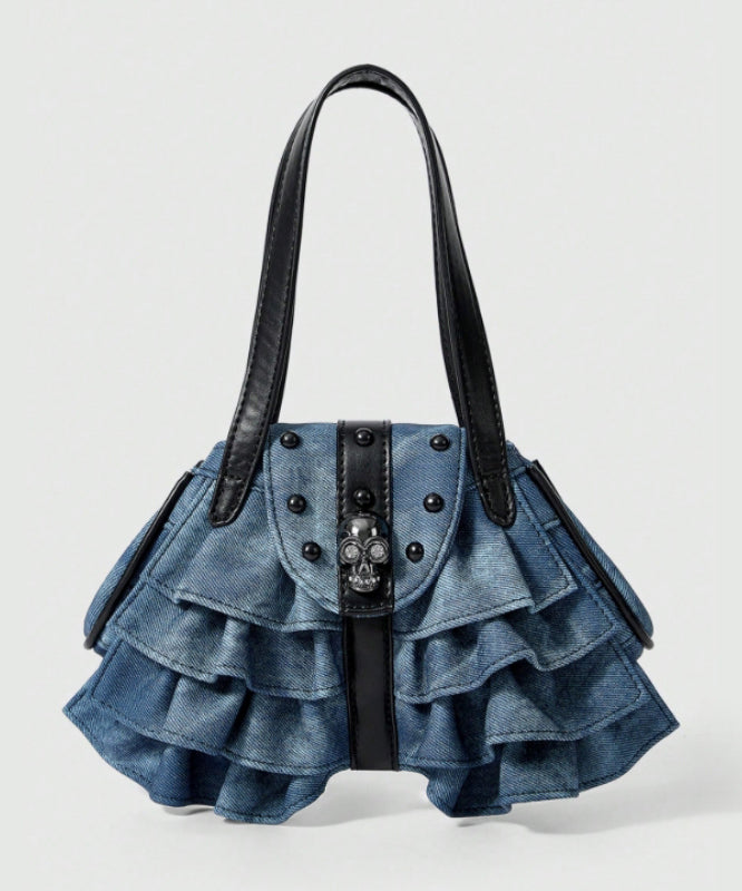 Fashion Blue Ruffles Patchwork Denim Nail Bead Shoulder Bags