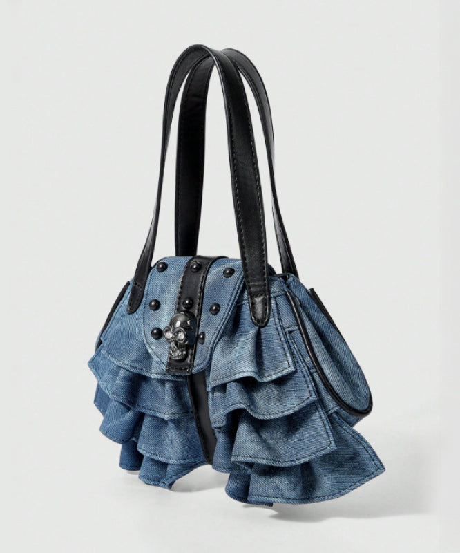 Fashion Blue Ruffles Patchwork Denim Nail Bead Shoulder Bags