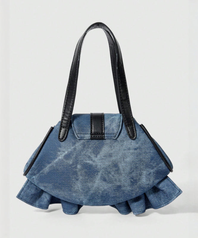 Fashion Blue Ruffles Patchwork Denim Nail Bead Shoulder Bags