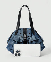 Fashion Blue Ruffles Patchwork Denim Nail Bead Shoulder Bags