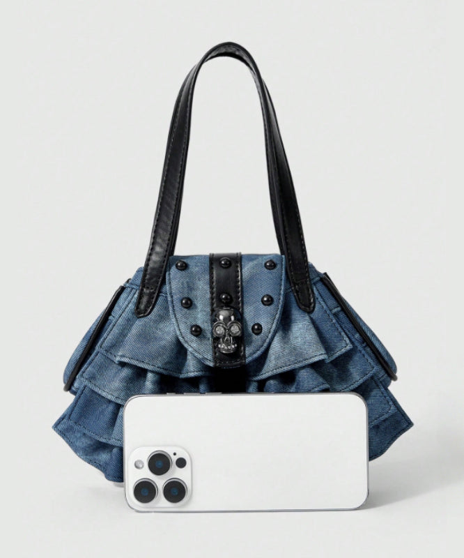 Fashion Blue Ruffles Patchwork Denim Nail Bead Shoulder Bags