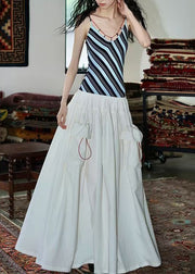 Fashion Blue Striped Patchwork Cotton Fake Two Piece Dresses Summer