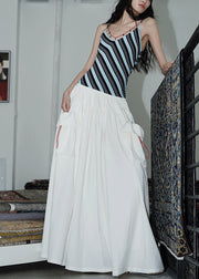 Fashion Blue Striped Patchwork Cotton Fake Two Piece Dresses Summer