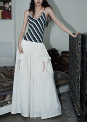 Fashion Blue Striped Patchwork Cotton Fake Two Piece Dresses Summer