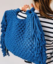 Fashion Blue Tasseled Hollow Out Knit Tote Handbag