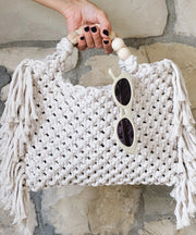 Fashion Blue Tasseled Hollow Out Knit Tote Handbag