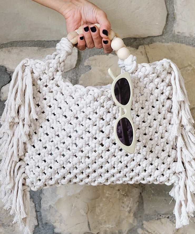 Fashion Blue Tasseled Hollow Out Knit Tote Handbag