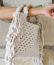 Fashion Blue Tasseled Hollow Out Knit Tote Handbag