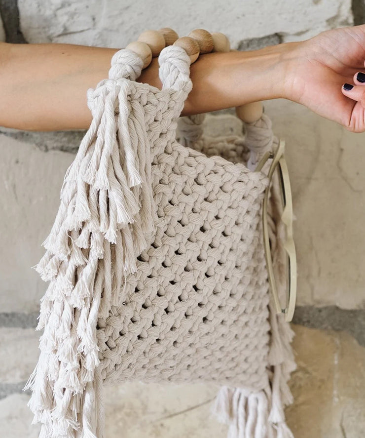 Fashion Blue Tasseled Hollow Out Knit Tote Handbag