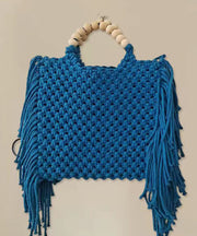 Fashion Blue Tasseled Hollow Out Knit Tote Handbag