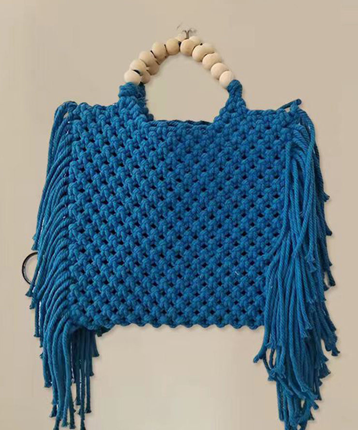 Fashion Blue Tasseled Hollow Out Knit Tote Handbag