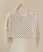 Fashion Blue Tasseled Hollow Out Knit Tote Handbag