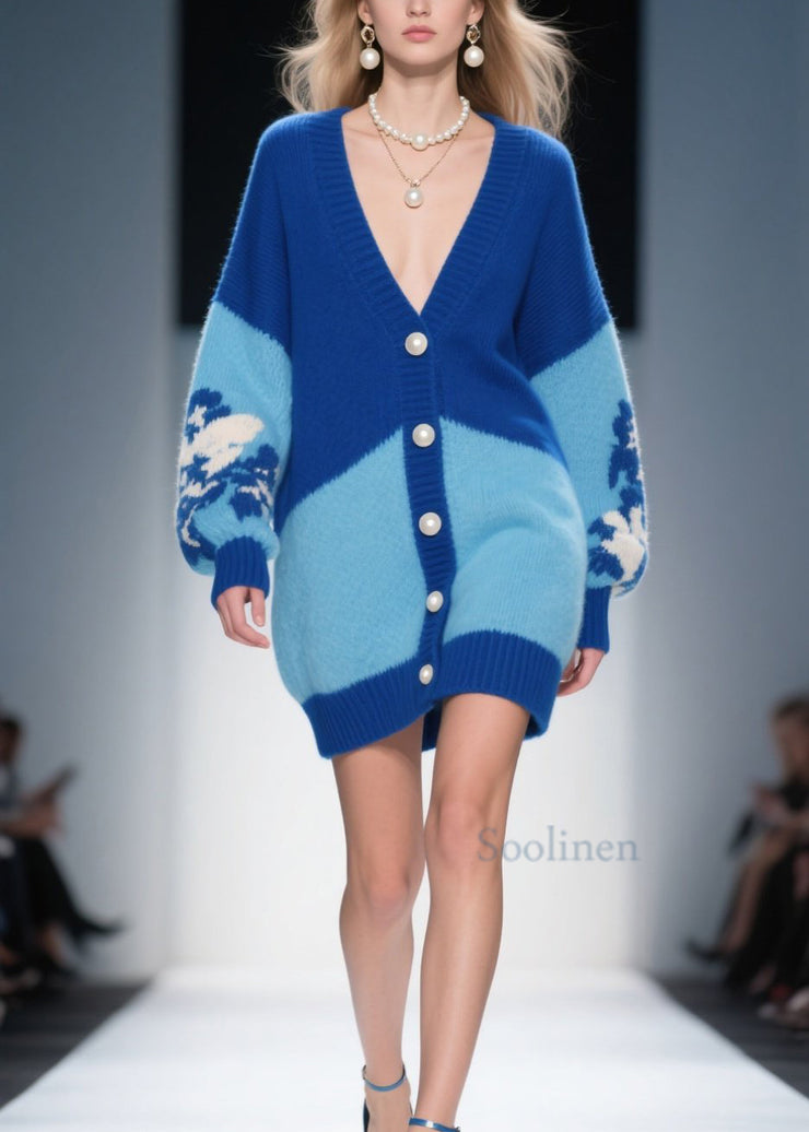 Fashion Blue V Neck Button Knit Loose Cardigans Fall