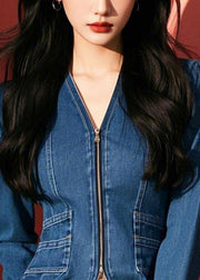 Fashion Blue V Neck Zip Up Slim Fit Denim Top Fall