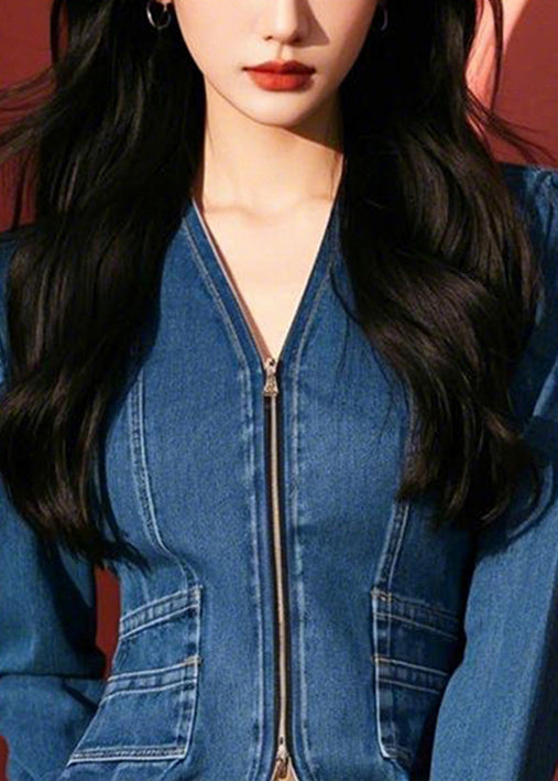 Fashion Blue V Neck Zip Up Slim Fit Denim Top Fall