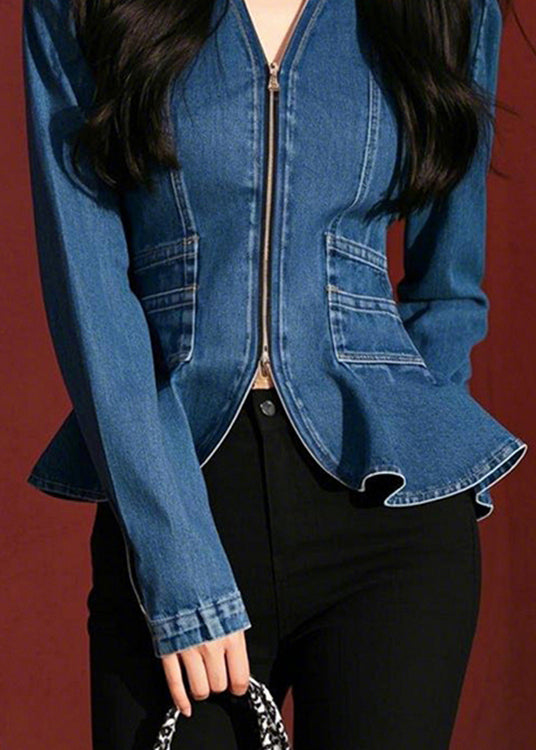 Fashion Blue V Neck Zip Up Slim Fit Denim Top Fall