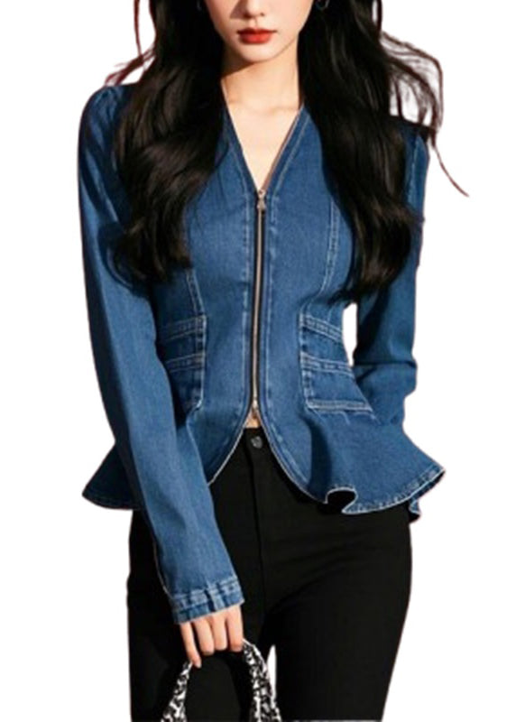 Fashion Blue V Neck Zip Up Slim Fit Denim Top Fall
