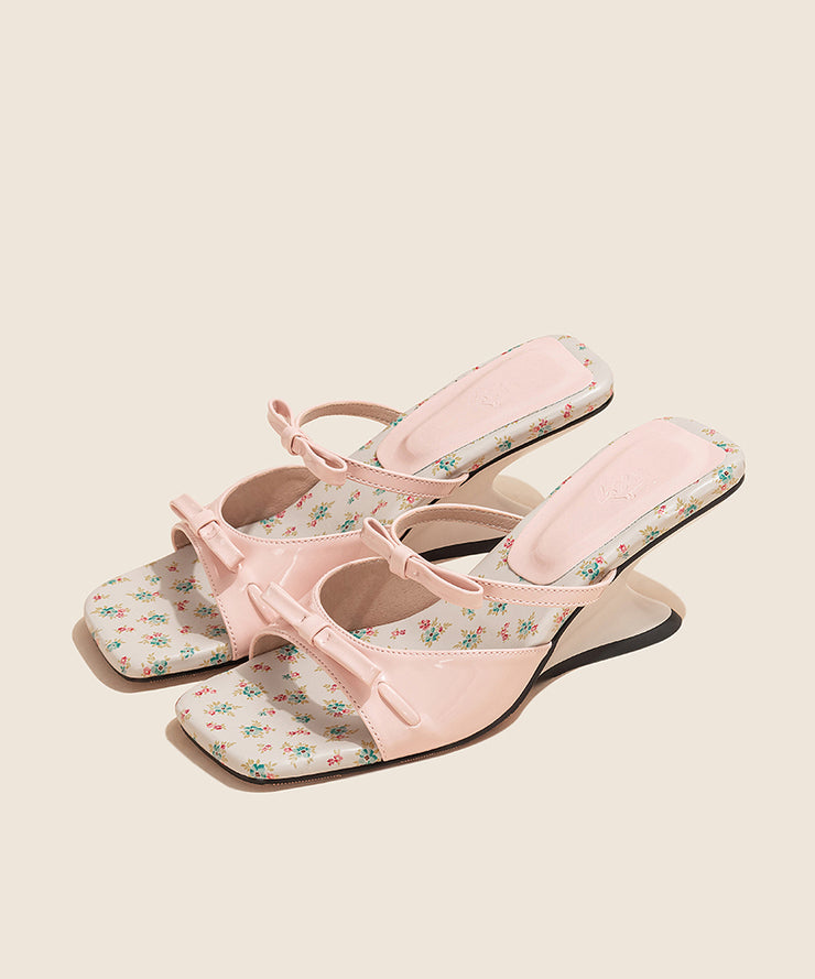 Fashion Bow Splicing Wedge Pink Faux Leather Slide Sandals Peep Toe