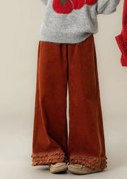 Fashion Brick Red Ruffled Oversized Corduroy Straight Pants Spring