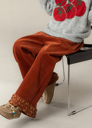 Fashion Brick Red Ruffled Oversized Corduroy Straight Pants Spring