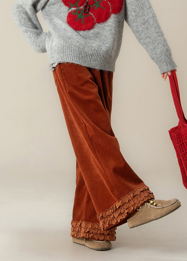 Fashion Brick Red Ruffled Oversized Corduroy Straight Pants Spring