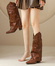 Fashion Brown Faux Leather Rivet Splicing Chunky Boots