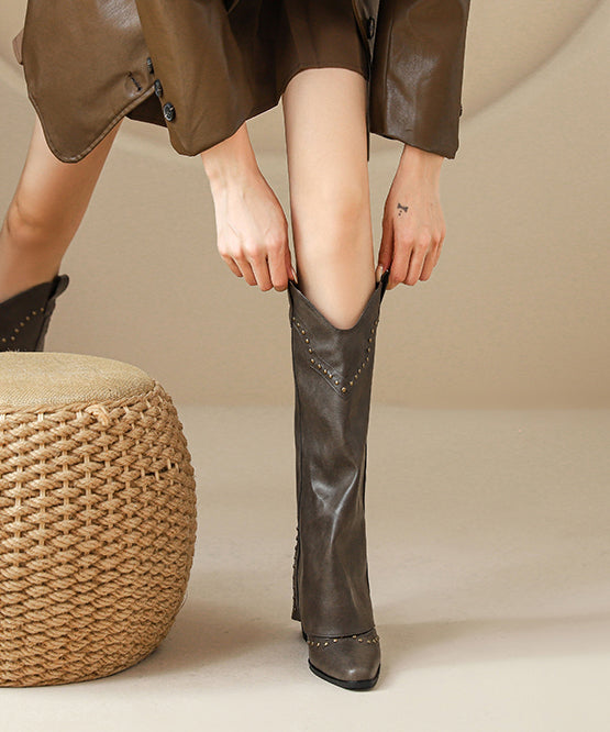 Fashion Brown Faux Leather Rivet Splicing Chunky Boots