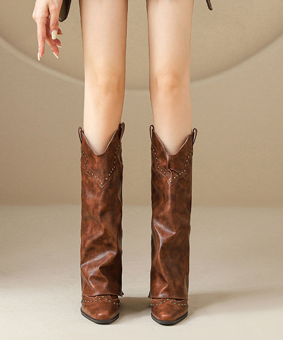 Fashion Brown Faux Leather Rivet Splicing Chunky Boots