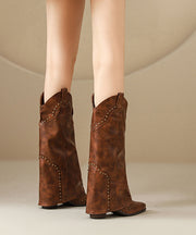 Fashion Brown Faux Leather Rivet Splicing Chunky Boots