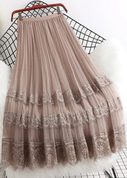 Fashion Brown High Waist Tulle Maxi Skirts Woman Mesh Lace Patchwork