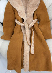 Fashion Brown Hooded Tie Waist Fleece Wool Lined Coat Winter