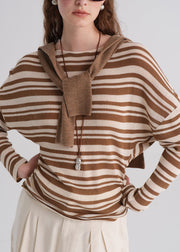 Fashion Brown O Neck Striped Knit Blouse Top Fall