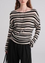 Fashion Brown O Neck Striped Knit Blouse Top Fall
