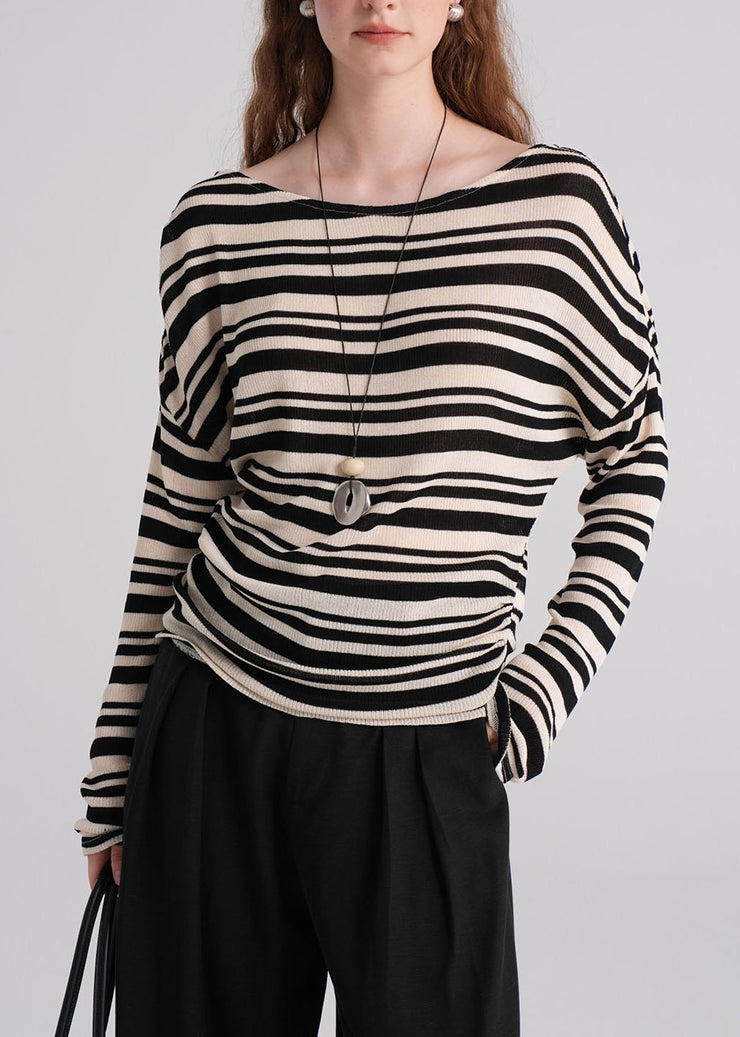 Fashion Brown O Neck Striped Knit Blouse Top Fall