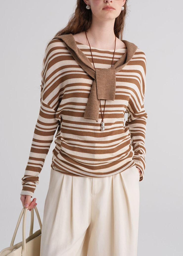 Fashion Brown O Neck Striped Knit Blouse Top Fall
